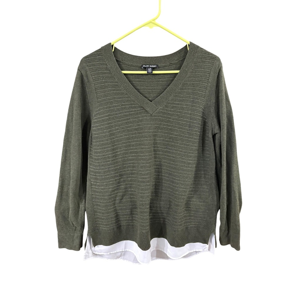 Hilary Radley Womens Olive Green V-Neck Mixed Media Layered Look Sweater Large